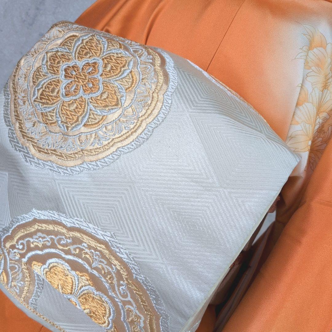 訪問着　フルセット　着物　正絹　オレンジ　橙　明るい　金駒刺繍　O8