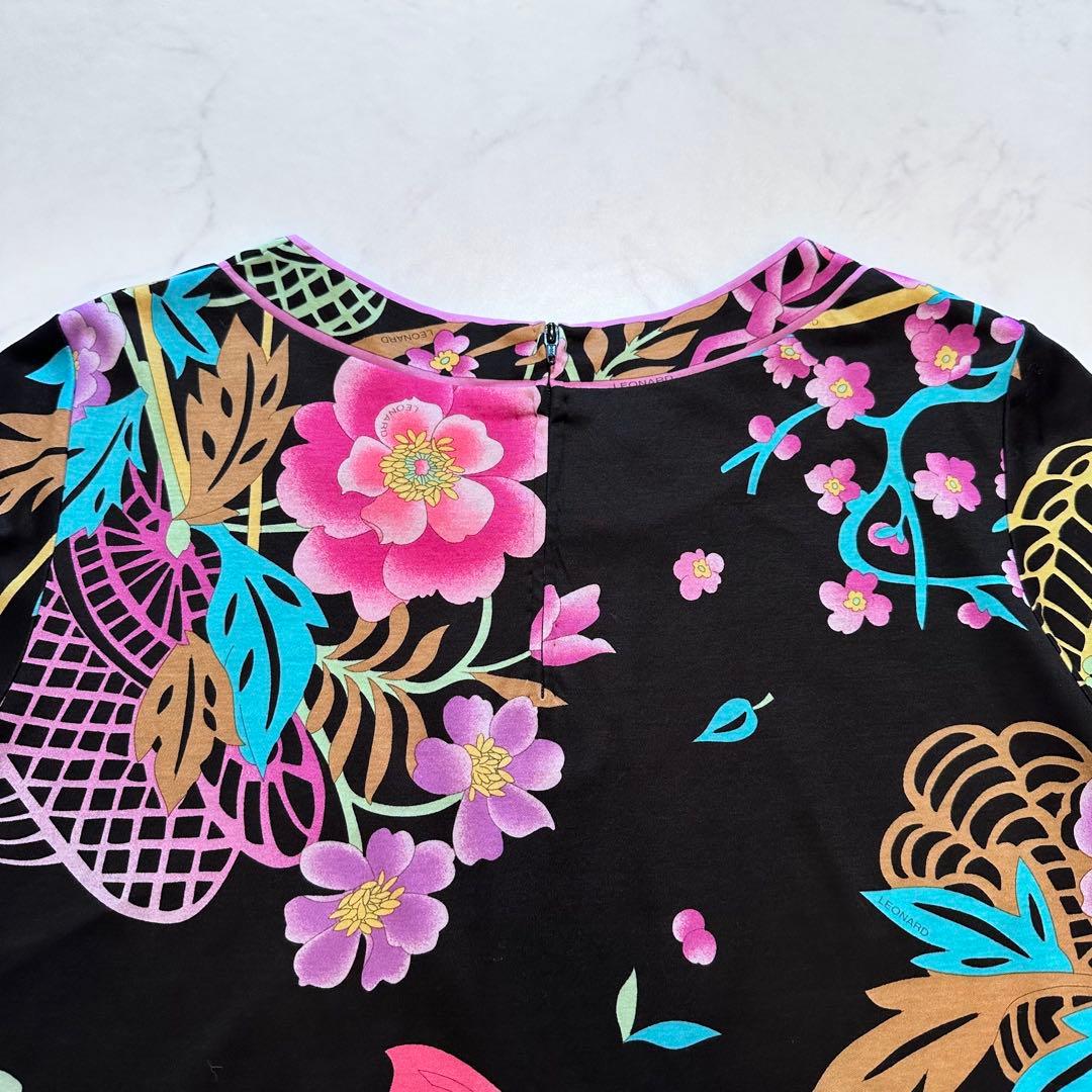 希少 XL✨LEONARD カットソー トリム 総柄 花柄 LL 黒 ピンク