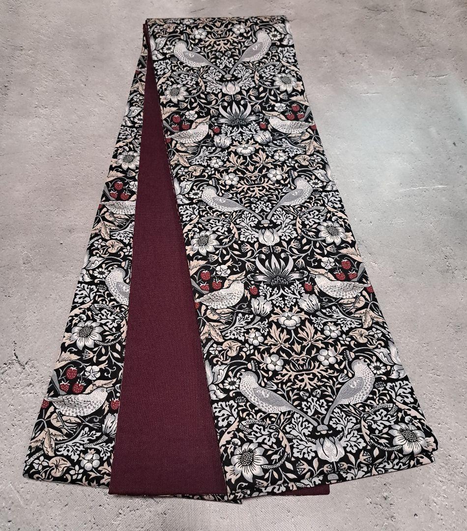 半幅帯　長尺ウィリアムモリス　いちご泥棒　モノトーン×国産コットンリネン　葡萄色