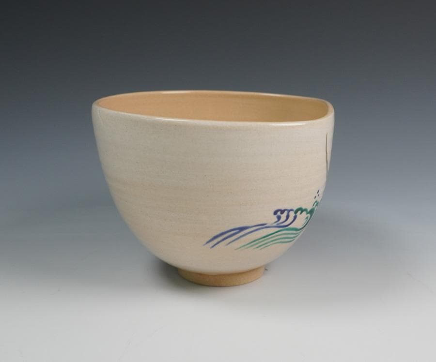 今岡妙見 野々村仁清写 浪に新月茶碗 共箱 茶道具