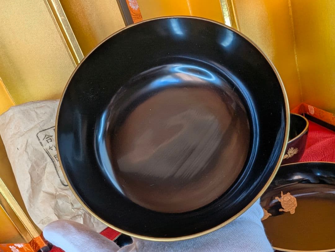 明治時代 輪島塗 金蒔絵 椀 2客 鶴亀 お正月用 木製 汁椀 菓子椀 漆器