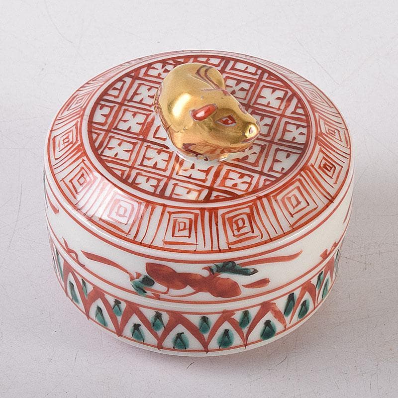 茶道具　京焼　平安　高野昭阿弥造　赤絵金彩　干支丑香合　共箱　V　8003