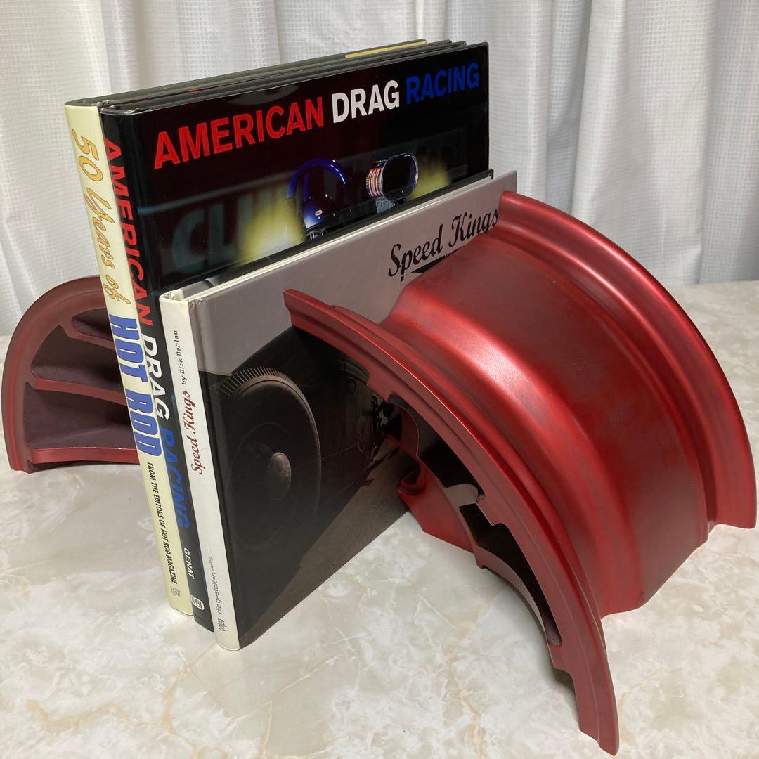 アメリカのアルミホィールで作ったブックエンド　洋書一冊付き　レア