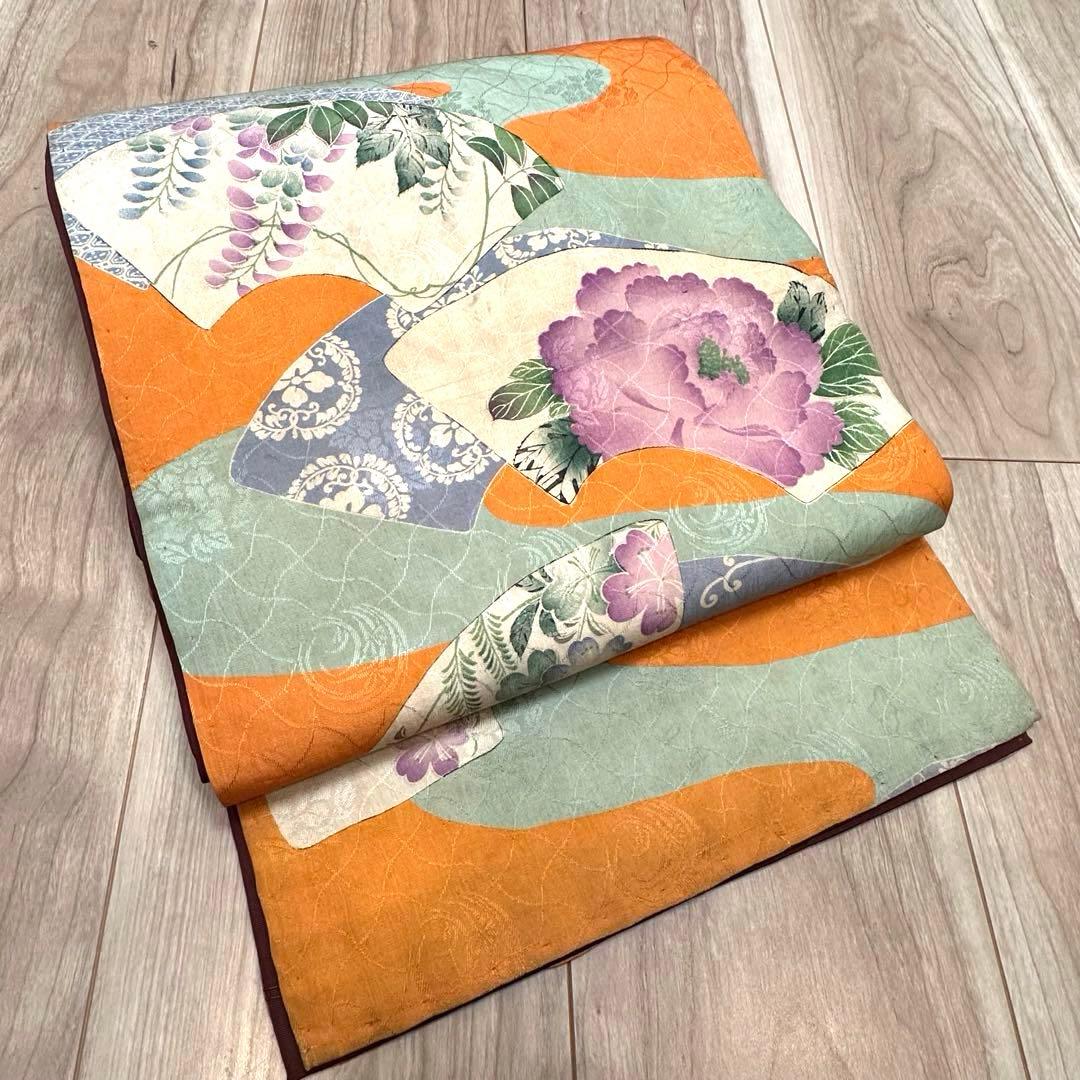 美品　正絹　着物 和服　帯　アンティーク　オレンジ　紫　水色　374 扇