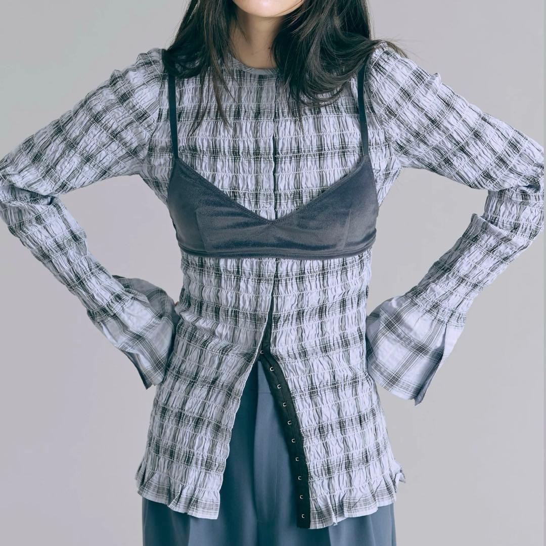 【EN NEUME】Smocked Check Blouse ブルー